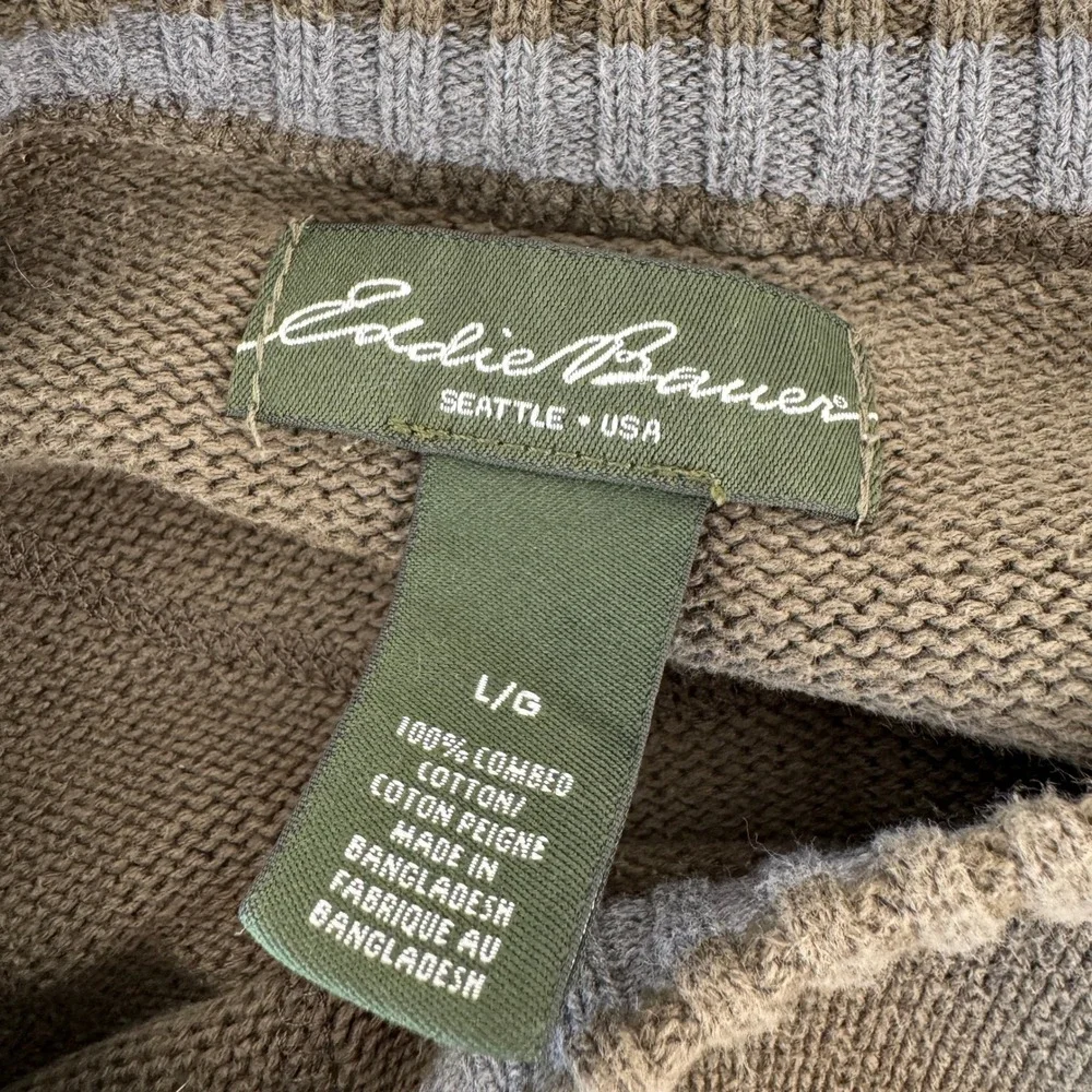 Eddie Bauer Seattle USA Mens‎ L Cotton Crew Neck Sweater Olive Green Classic - Picture 3 of 11